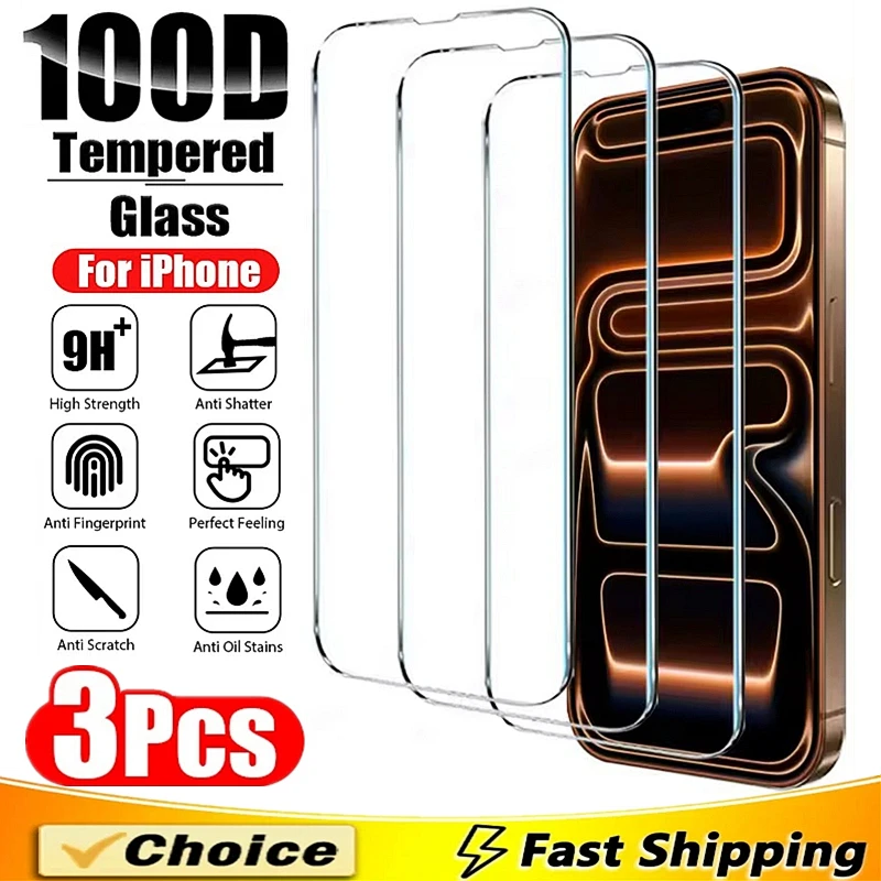 

3Pcs 100D Tempered Glass For iPhone 16 15 14 11 12 13 17 Pro Max Screen Protector For iPhone 17 XR X XS 16 Plus Protective Glass