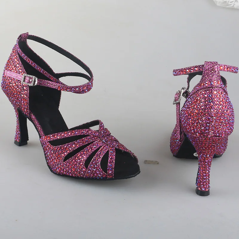 Wedopus Ladies Sparkling Glitter Purple Dancing Latin Sandal Rhinestone High Heel Customized 9CM Shoes for Dance