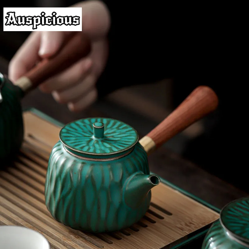 200ml Japanese Style Turquoise Coarse Ceramic Wooden Handle Side Handle Pot Kung Fu Tea Set Tea Making Pot Drinkware Accessories