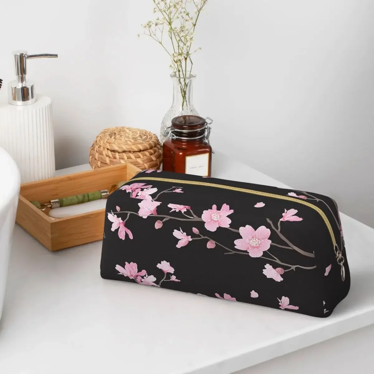 Cherry Blossom Flower Plant Black Pencil Cases for Students School Pen Box Pencil Bag  Pencil Pouch Storage Stationery Supplies