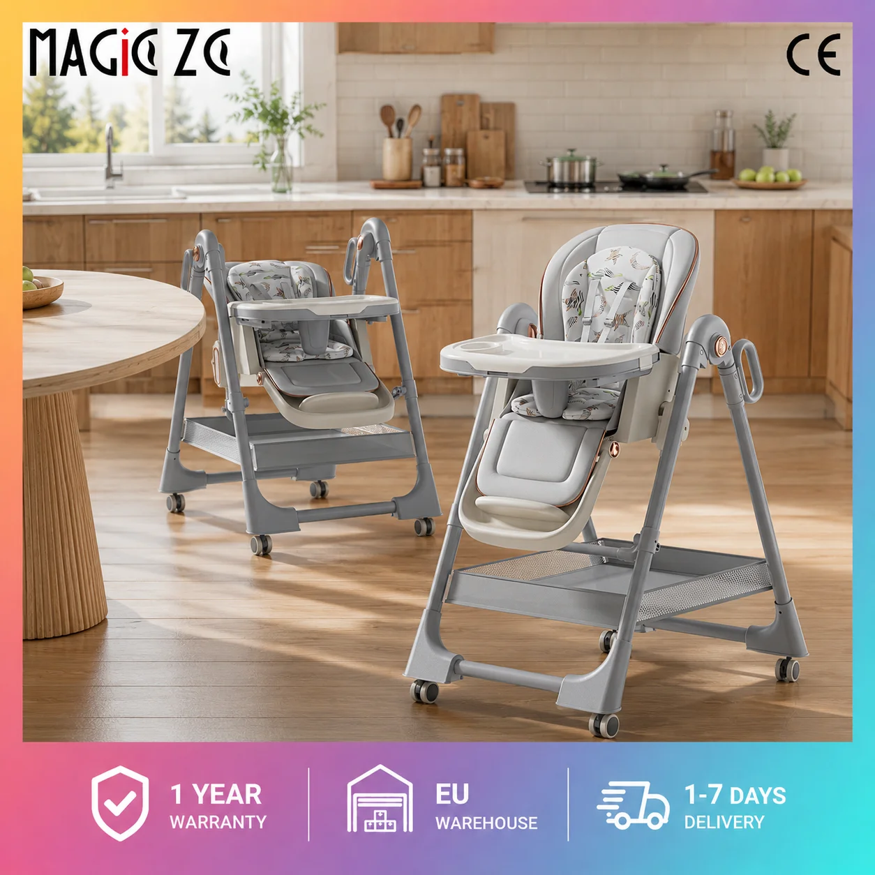 Chaise haute multifonction 3-en-1 pour bébé, pliable, réglable en 4 positions, avec plateau, design anti-évanouissement, cadre en aluminium, roues avec frein, ceinture d'épaule, capacité de charge 50 kg, siège portable pour enfant