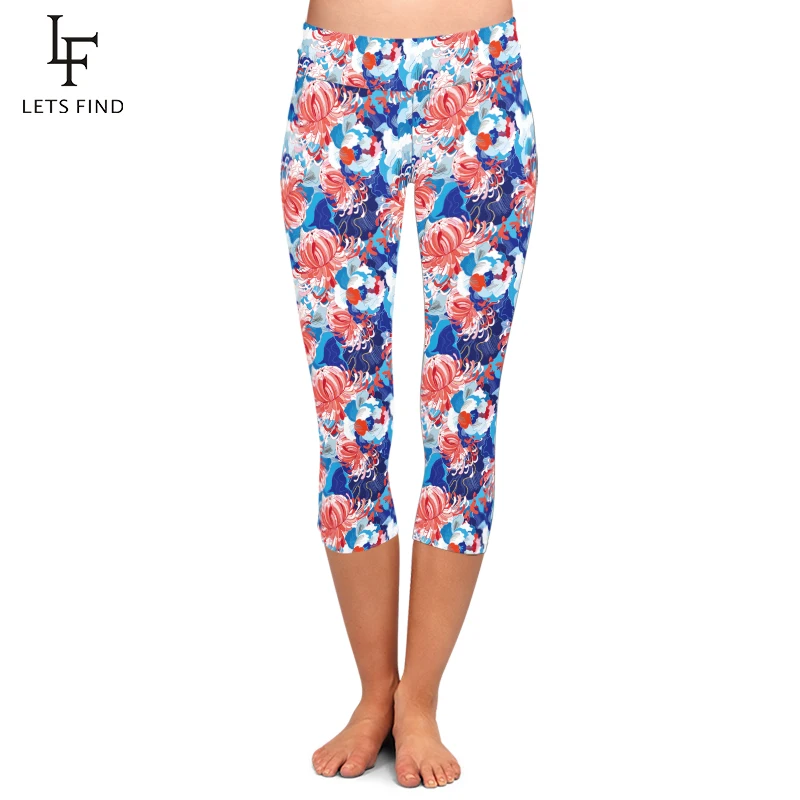 

New High Waist Women Capri Leggings 3D Flowers Digital Print Elastic Pants Mid-Calf 3/4 Fitness Legging for Summer