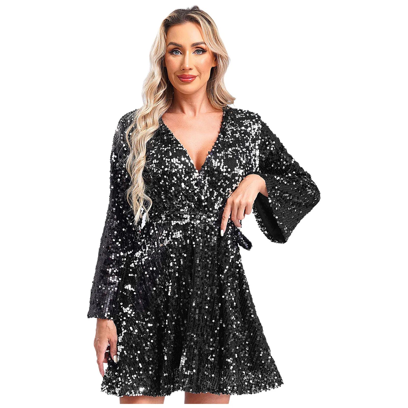 Vestido De mujer a la moda para discoteca, Vestido De Fiesta con cuello en V, vestidos De lentejuelas, Vestido De manga larga para cóctel, bata De noche