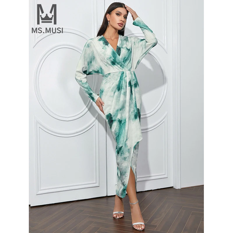 

MSMUSI 2024 New Fashion Women Sexy Printing Draped Fold Long Sleeve Bodycon Party Club Event Slit Maxi Dress Long Gown Vestidos