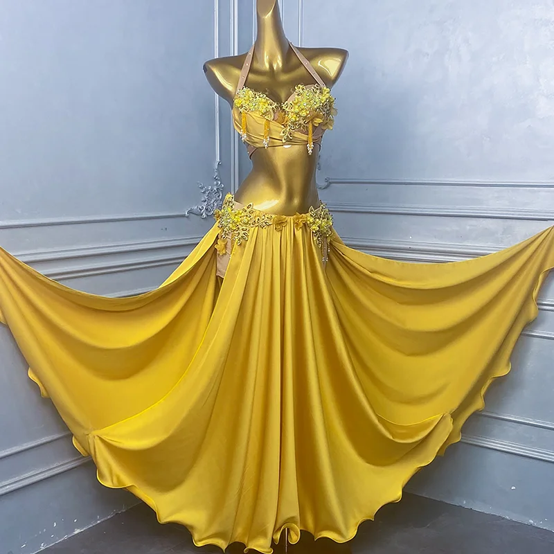 Terno de dança do ventre high-end luxo strass flor borla conjunto oriental dança do ventre sexy temperamento desempenho traje