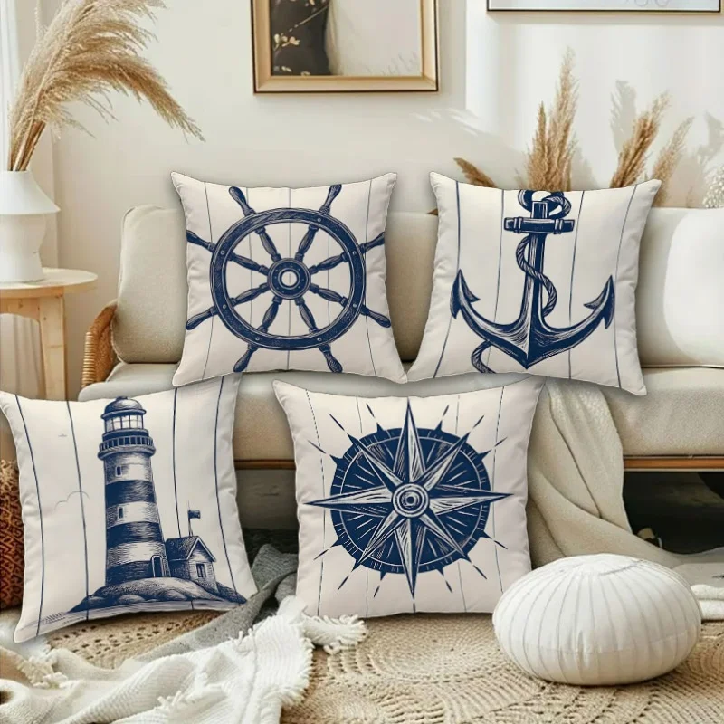 Vintage Nautical Pillow Covers, Ship Wheel Anchor Lighthouse Compass Art Throw Pillow Cases, Coastal Home Decor Cushion Covers