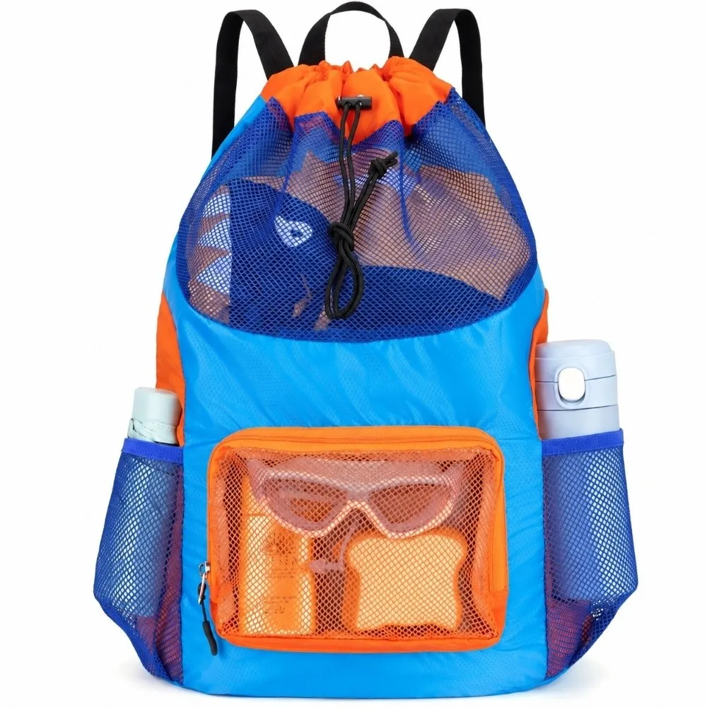 Breathable Mesh Swim Backpack Drawstring Closure Quick Dry Mesh Beach Pack Side Bottle Pockets Large Capacity