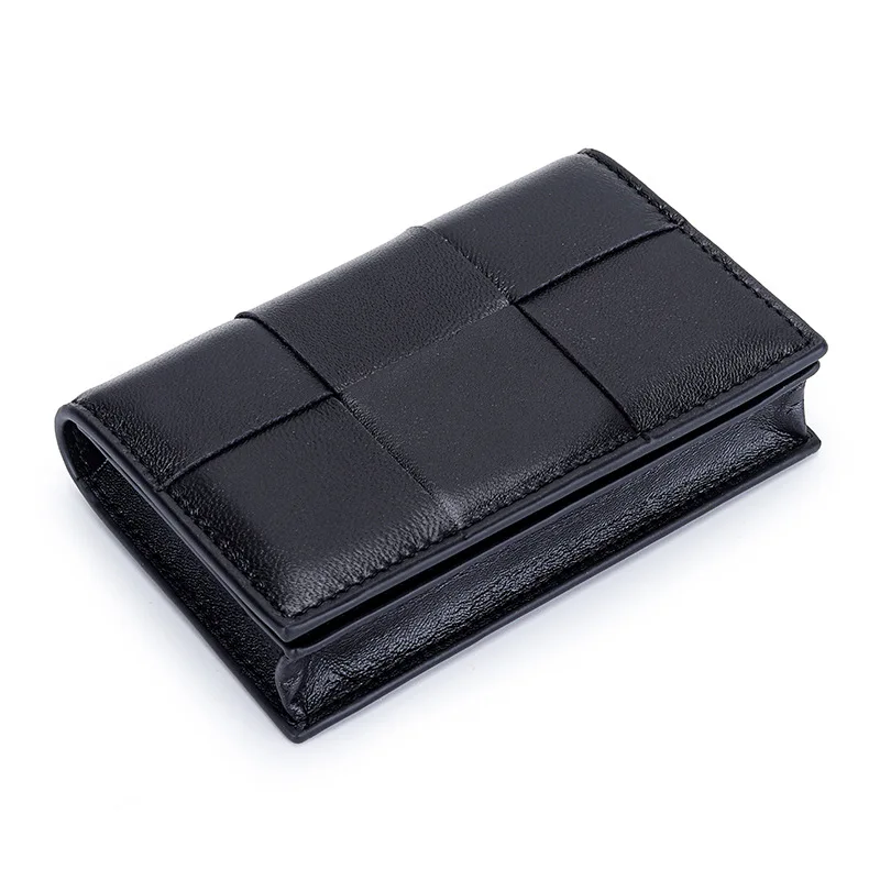 Tarjetero trenzado de piel de oveja para hombre y mujer, billetera de cuero plegable para tarjetas de crédito, monedero Unisex