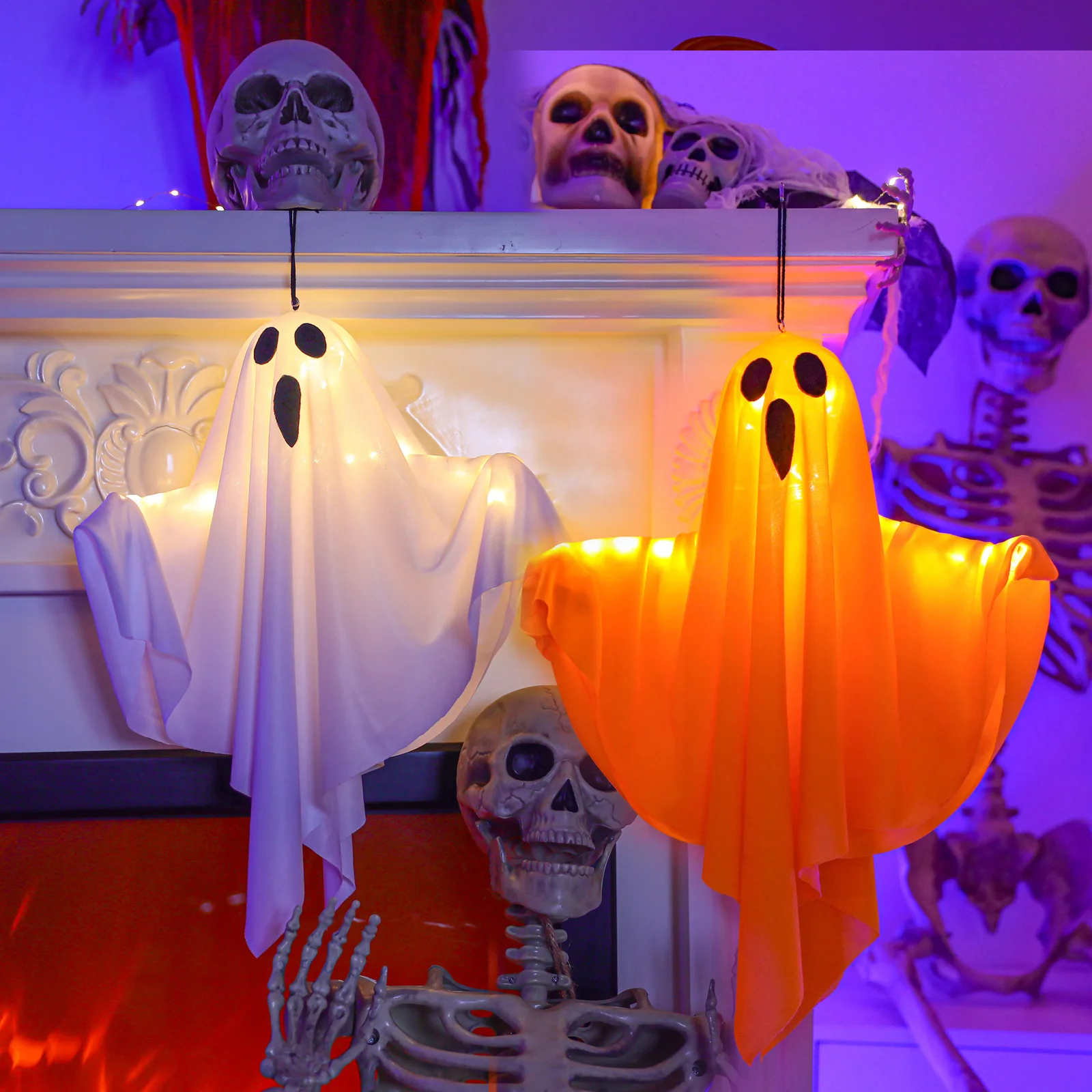 Halloween Ambient Ghost LED Hanging Light Ghosts Horror Props with Fairy Lamp Indoor Outdoor Haunted House Halloween Decoration