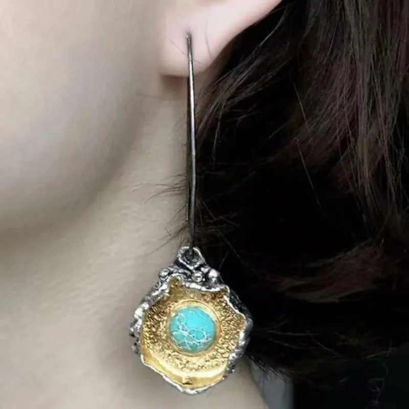 

Romantic French style two tone ear pendants for women, oil painting creative turquoise high-end earrings