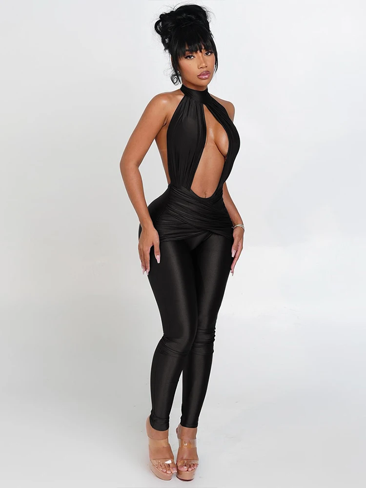 بدلة قفز غريبة بدون ظهر للسيدات مثيرة مجوفة وخصر مرقع مكشكش للنشاط منتصف الليل ملابس خروج