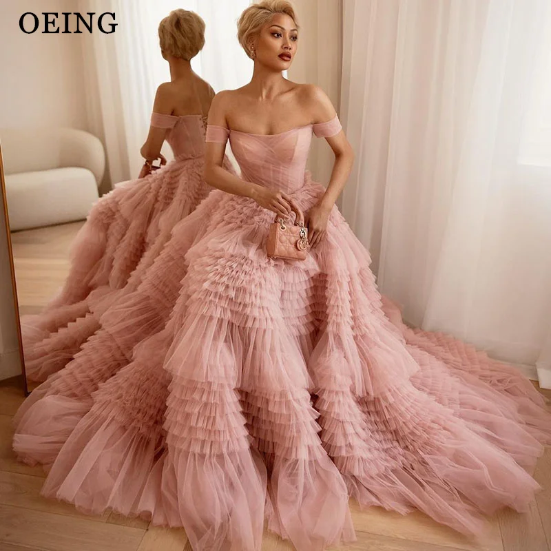 OEING Pink A-Line Prom Dresses Soft Tulle Off The Shoulder Pleat Ruched Party Gowns Floor-Length Tiered Vestidos de noche