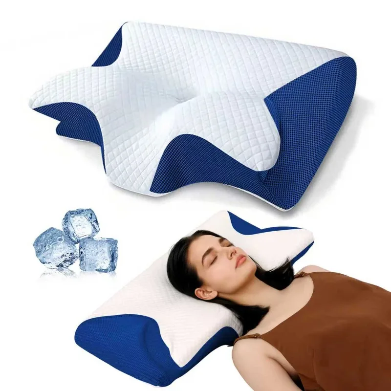 Neues blaues Kissen, langsam zurückfederndes Memory-Baumwollkissen, nicht kollabierendes Nackenkissen für Erwachsene, Halswirbelsäulenkissen