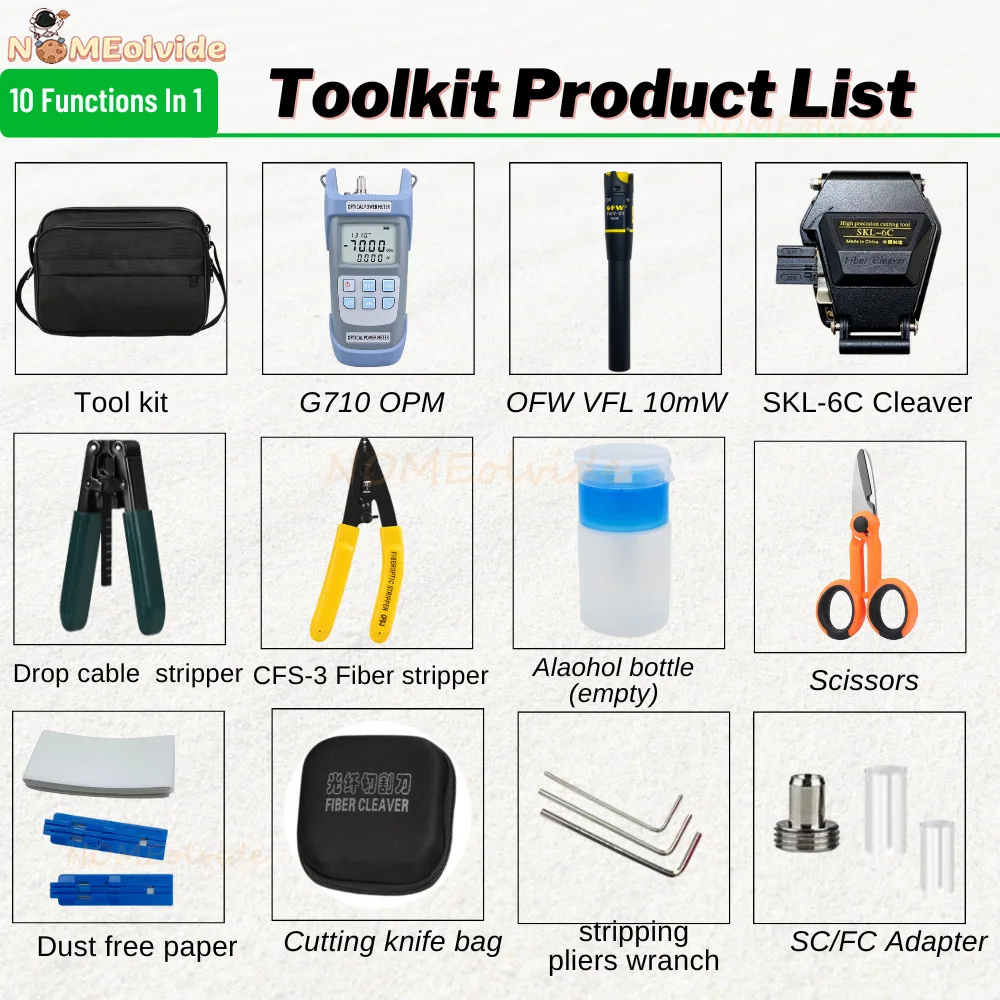 Hot Fiber Optic FTTH Tool Kit with SKL-6C Fiber Cleaver Optical Power Meter 10MW Visual Fault Locator Wire stripper suit sale