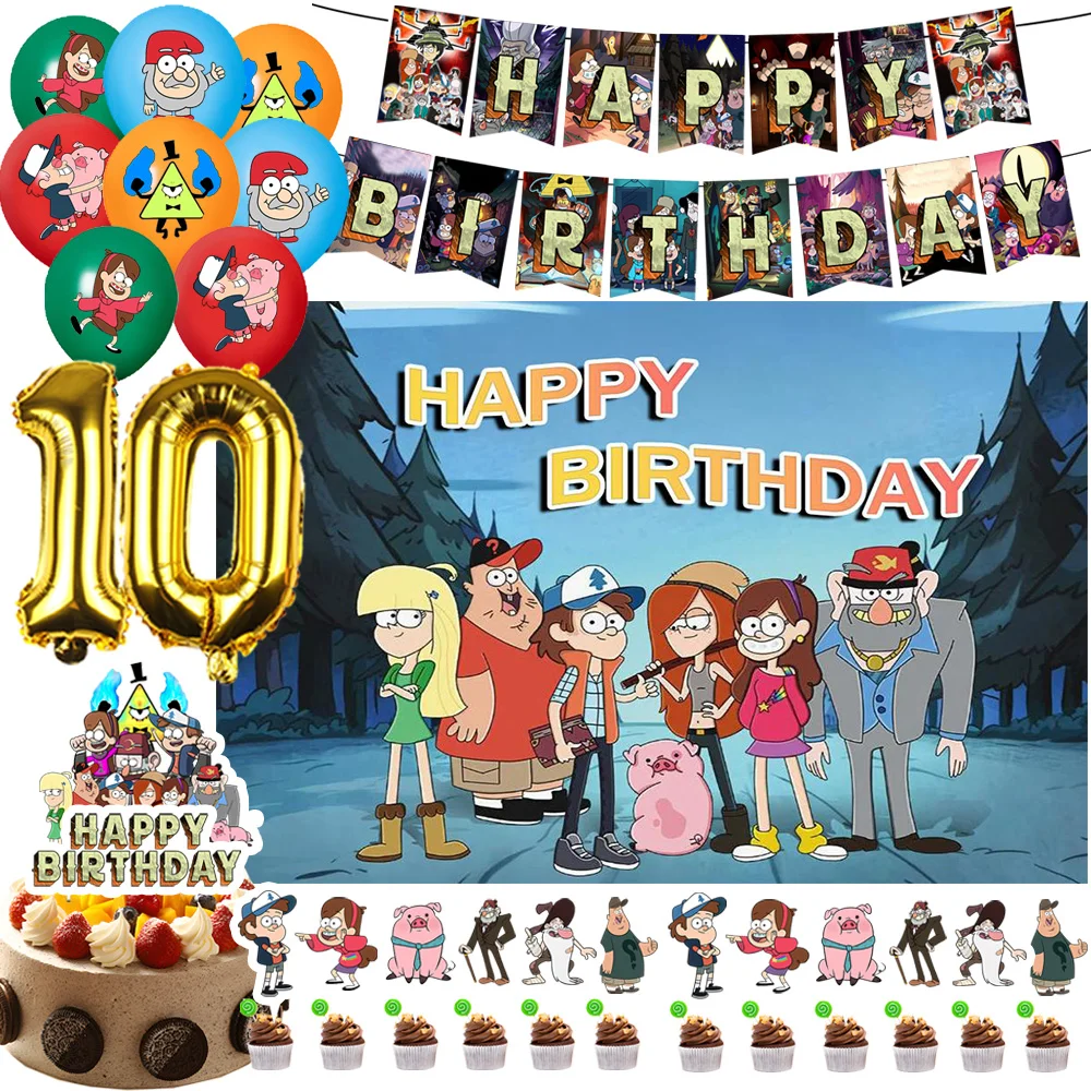 

G&Gravity F-Falls Theme Birthday Party Decoration Cartoon Backdrop Banner Cake Topper Number Balloon Baby Shower Party Supplies