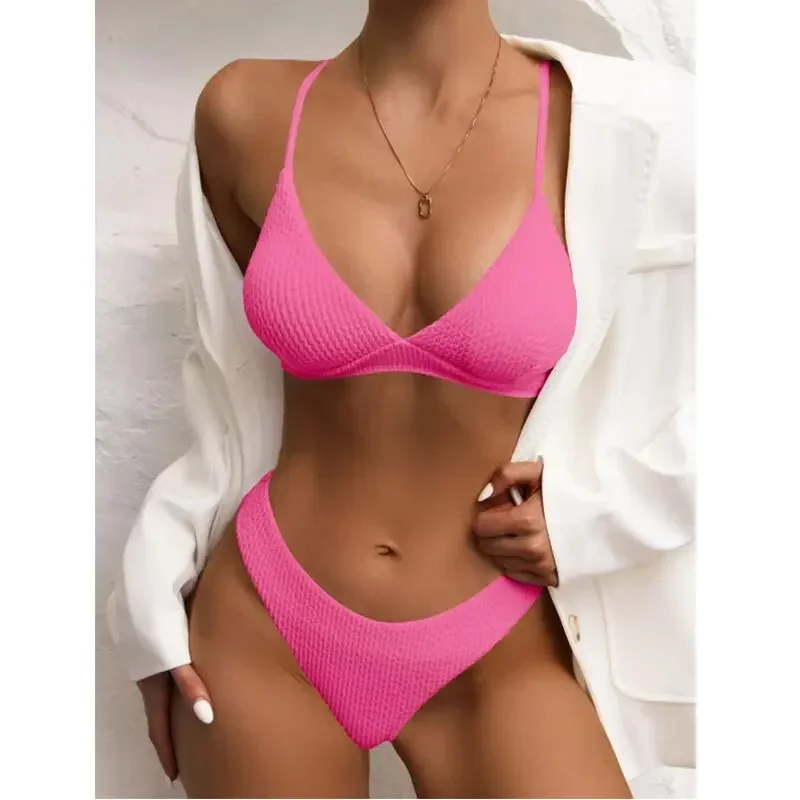 2026 women's swimsuit flat-angle swimsuit women's split swimsuit pit strip solid color bikini quick-drying