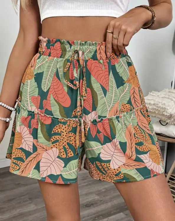 

2026 Spring/Summer New Women's Fashion Leisure Resort Style Tropical Plant Printed Shorts Women's Wear