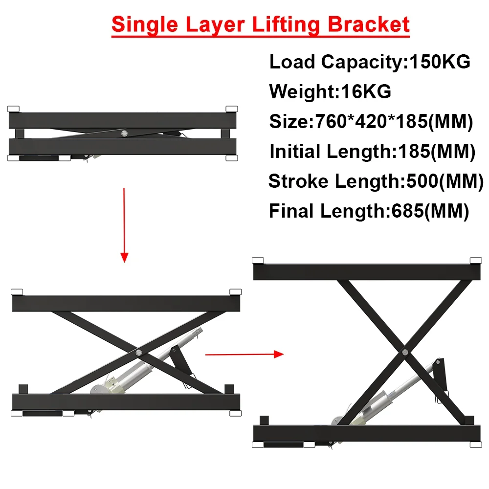 1500N DC24V Electric Lifting Platform 500mm Stroke 10mm/s 150KG Load Remote Control Low Noise 2-Layers Scissor Lift Table