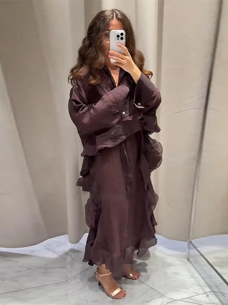 فضفاض الخامس الرقبة الدانتيل يصل الكشكشة فستان طويل المرأة أنيقة Batwing كم أزرار فساتين الحفلات 2025 الخريف الصيف سيدة عطلة الجلباب #3