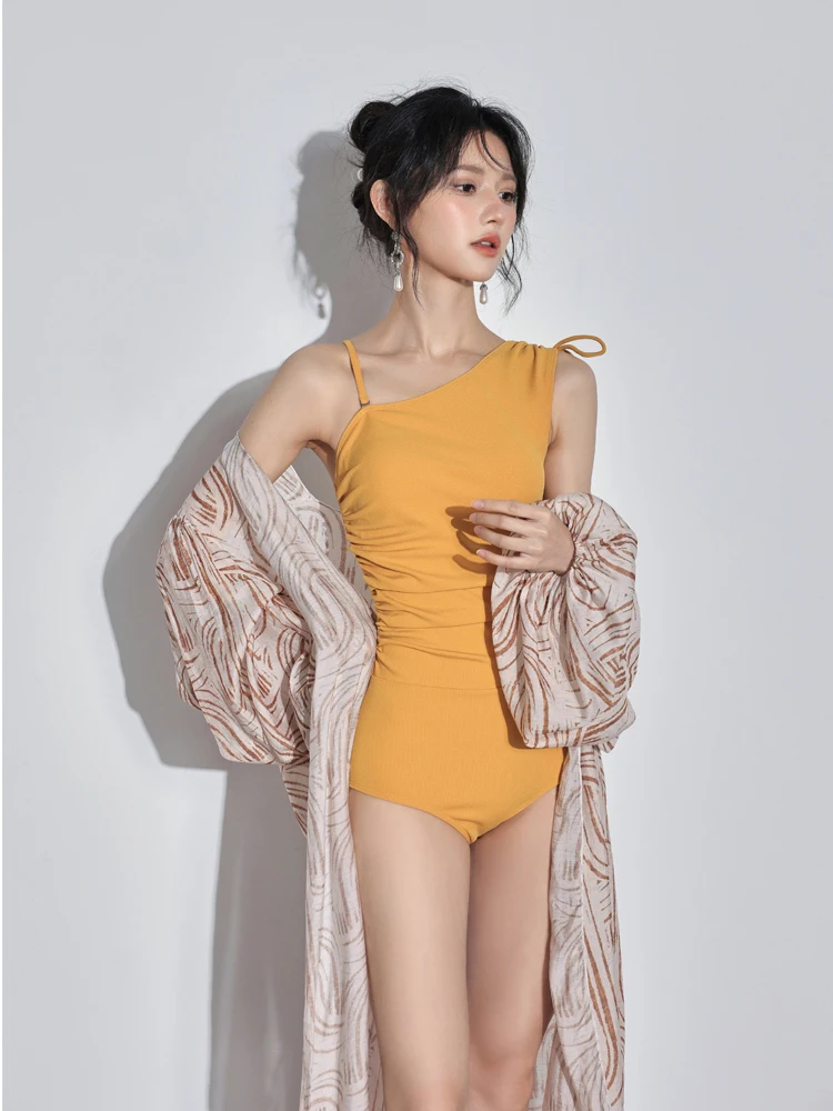 

Sexy Bikini One-Piece Swimsuit Beach Vaion Cover-Up Orange Flower Sea Design Long Sve Fixed Chest Pad Casual Swimwear
