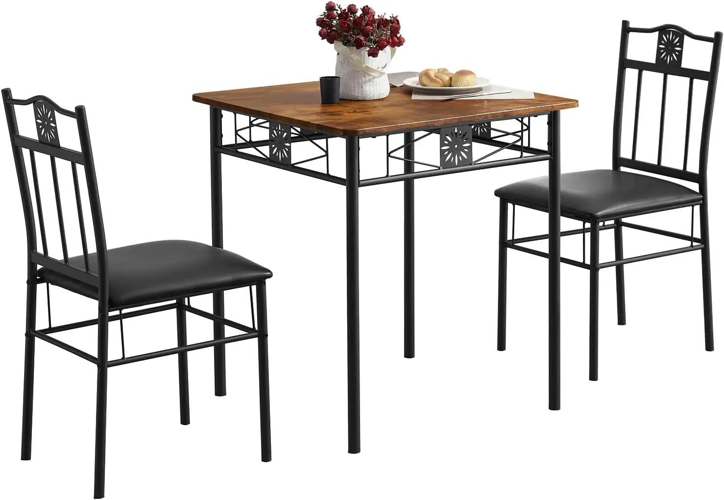 

3-Piece Kitchen Dining Room Table Set for Small Spaces, PU Padded Chairs, Retro Brown