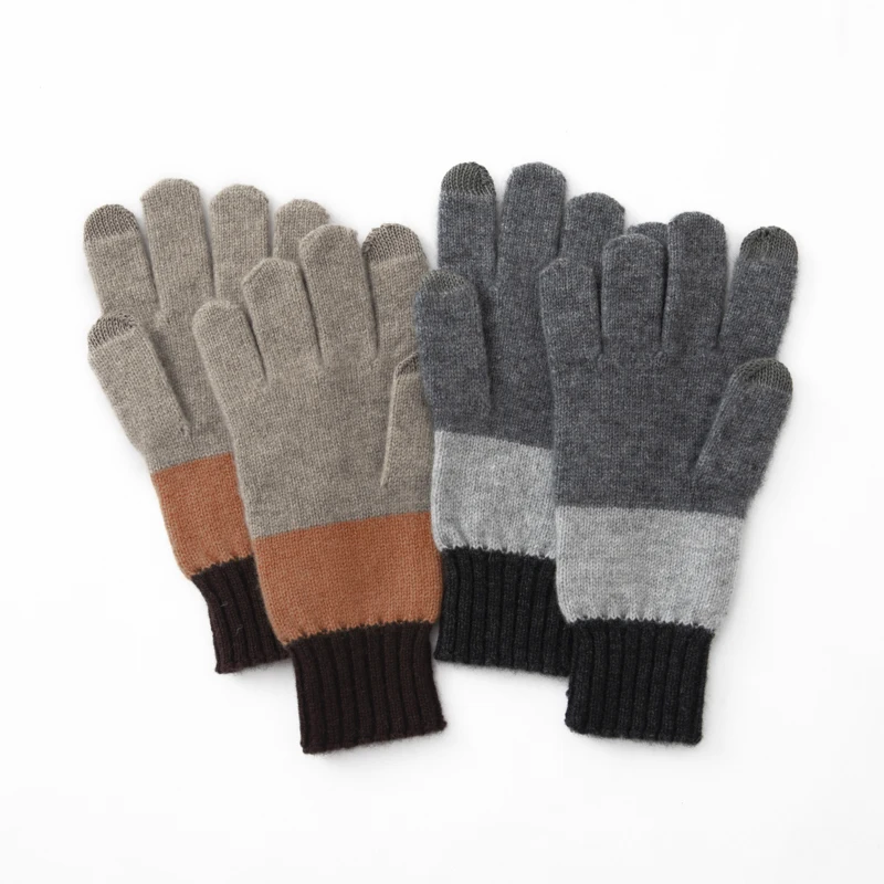 Orange Brown Contrast Color 100% Cashmere Knitted Gloves Men and Women Autumn and Winter Warm Travel Thickened Finger Gloves