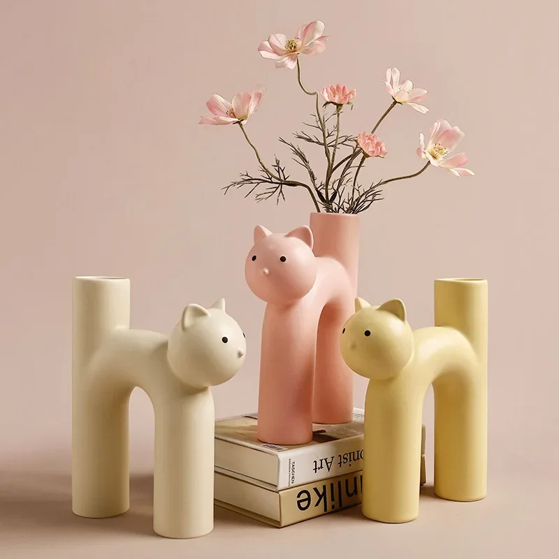 Creative Korean INS Wind Cute Pipe Cat Vase Living Room Home Desktop Decorations Cross-border Supply Home Decoration Accessories