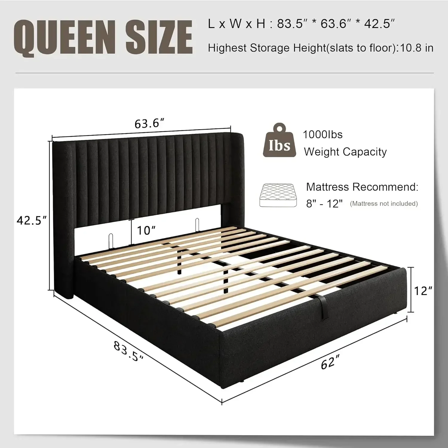 Queen Size Lift Up Storage Bed Frame Wingback Headboard Linen Upholstered Platform Bed Underneath Hydraulic Storage Wooden Slats