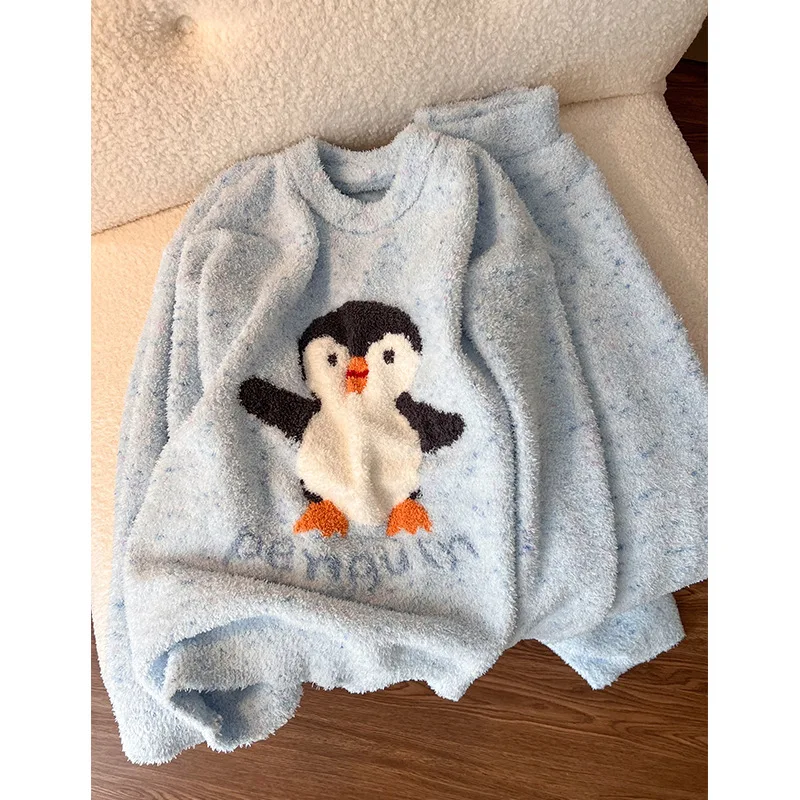 

Женский полуфлисовый комплект с милым пингвином, осень/зима, толстый пуловер с круглым вырезом на флисовой подкладке + длинные брюки, домашний комплект из 2 предметов, пижама