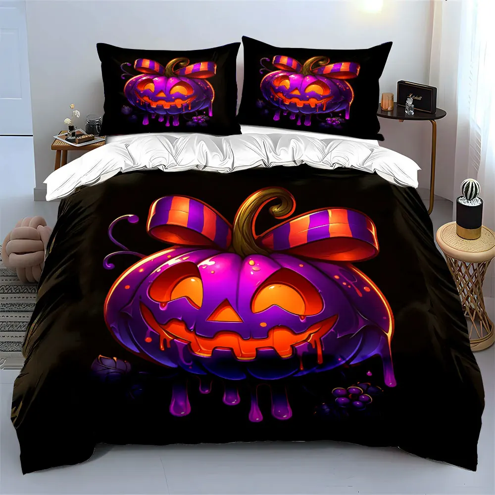 Halloween Pumpkin Decoration Set Soft Skin-Friendly Bedding Set Includes 1 Duvet Cover And 2 Pillowcase, Gift