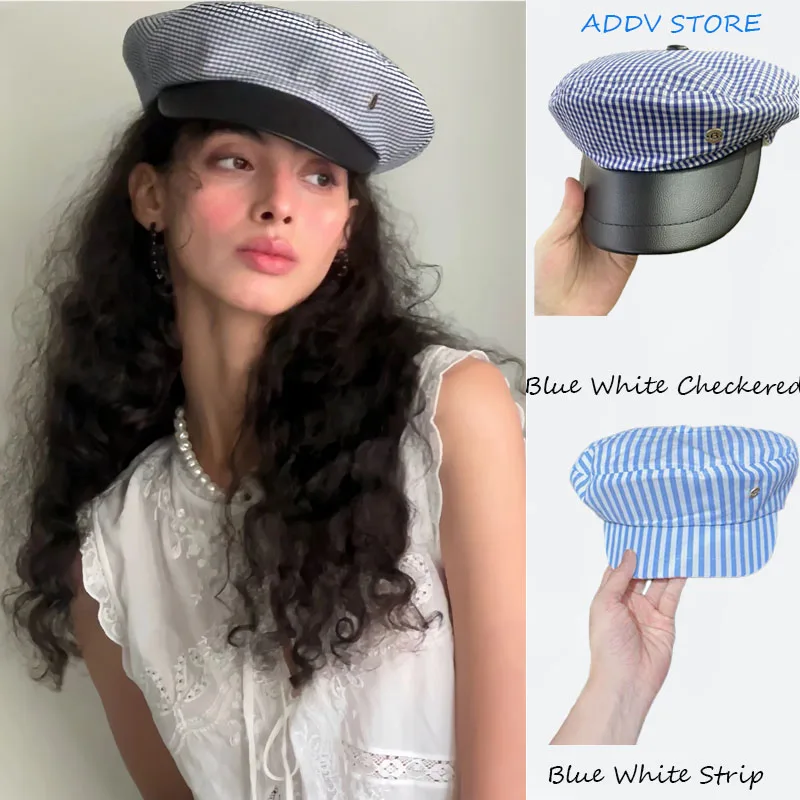 

Korea Retro Thin Blue Striped Sailor Hats for Women Summer Travel Sunscreen Breathable Versatile Short Brim Berets Cap Boinas