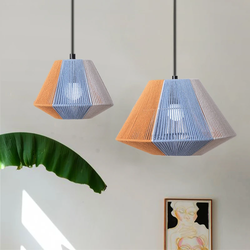 

Vintage Rattan Lampshade Geometric Shade Light Cover Hanging Cotton Rope Woven Lamp Shade For Home Hotel Restaurant Decorations