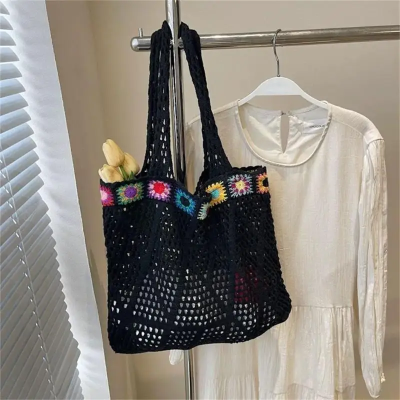 

X90D Women's Embroidery Beach Bag Hollow Out Crochet Shoulder Bags Large Capacity