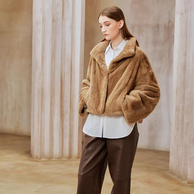 Ftangaiur Winter Import Swan Velvet Mink Fur Coat Mandarin Collar Long Sleeve Mink Coat Women Short Natural Real Mink Fur Coats