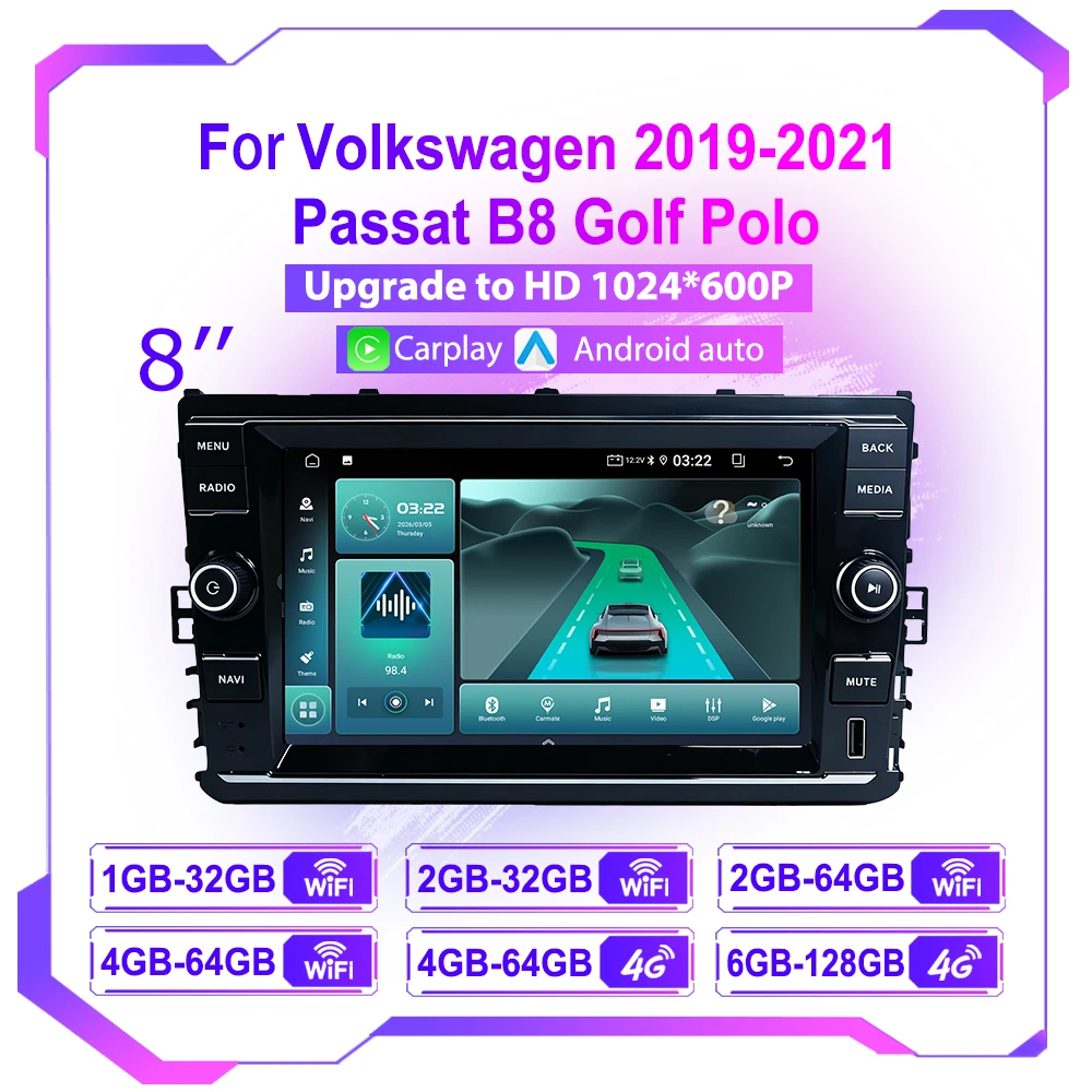 8 Inch Android 15 Car Radio For Volkswagen Passat B8 2019-2021 Golf Mk7 Jetta Tiguan Polo GPS Navigation Carplay 2 DIN BT Stereo