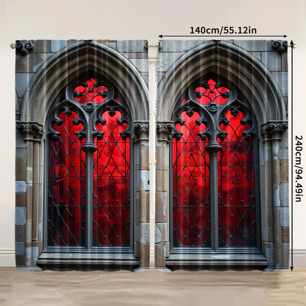 قطعتان، ستائر مطبوعة مسطحة ثنائية الأبعاد على شكل قلعة قوطية متعددة الاستخدامات من البوليستر، بدون زينة للعطلات الكهربائية مناسبة للحفلات #3