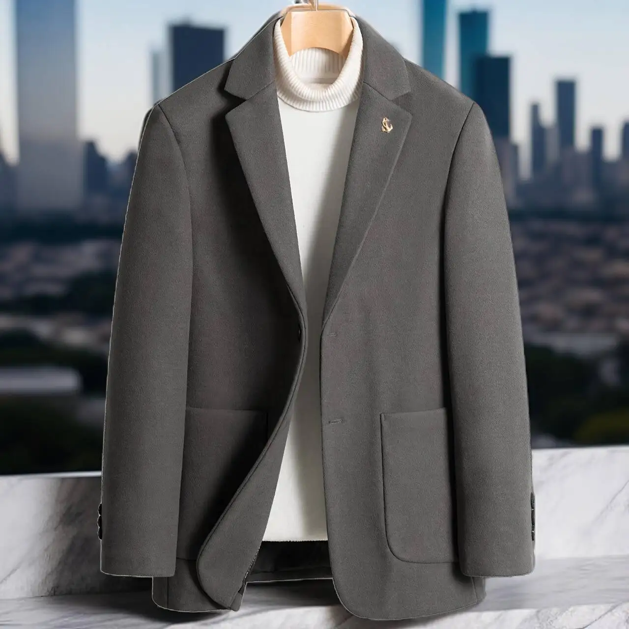 

Effortless Men Sheep Wool Tweed Blazers Blue Gray Black Plain Colour Outfit Winter Autumn Clothings Male Office Attire Old Money