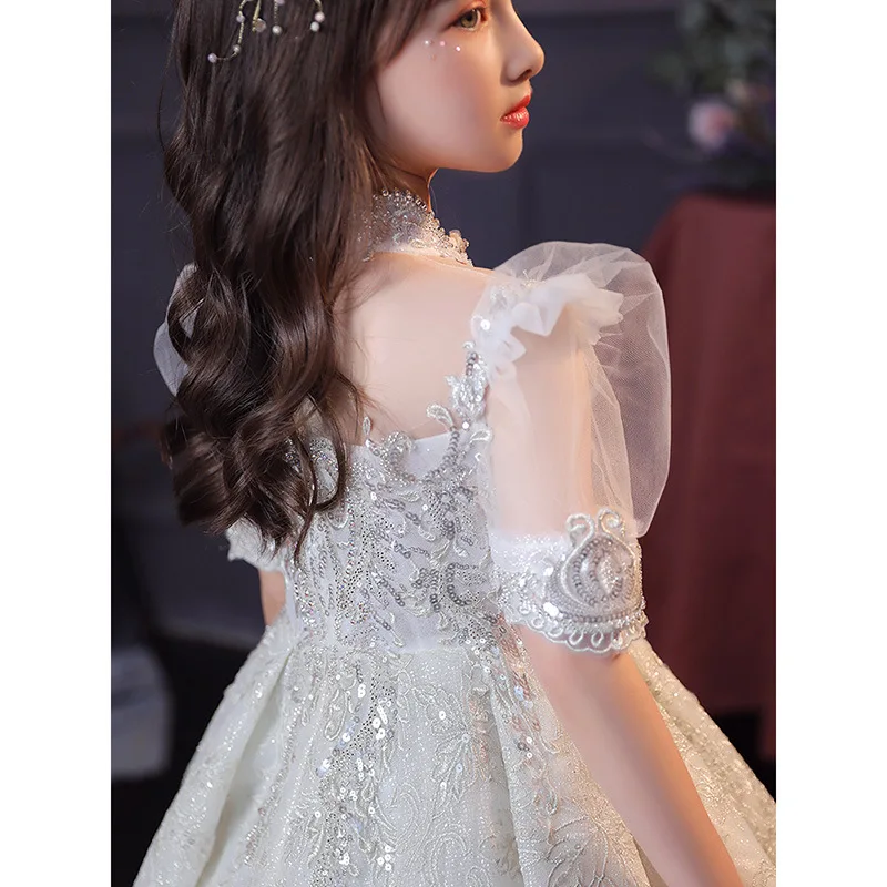 Fashion Kids Girls Flower Dresses Shining Sequins Beading Fluffy Children Dress Stand Up Collar Bubble Sleeves Piano Prom Gown