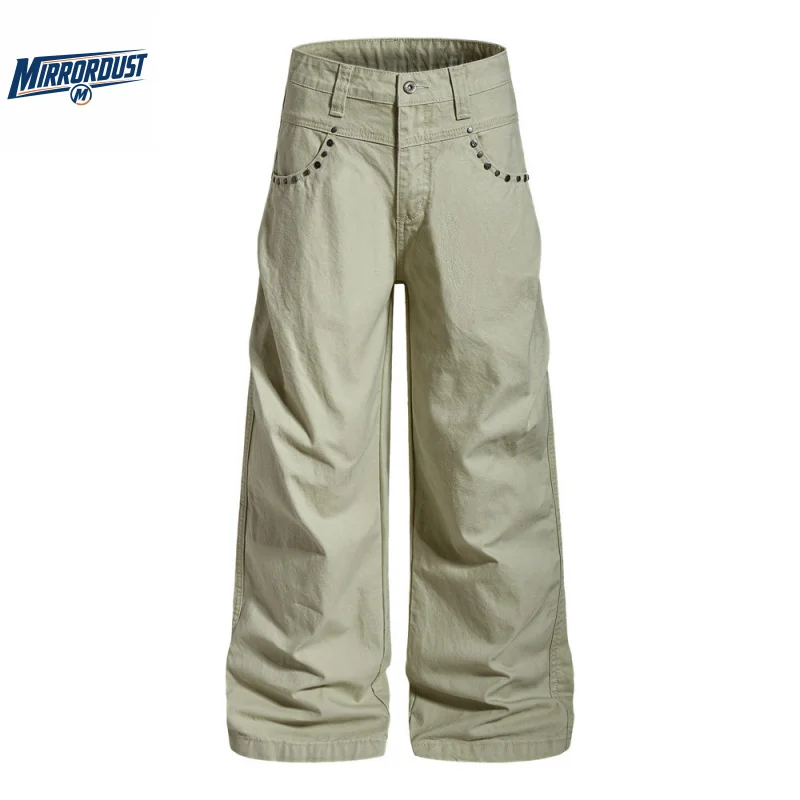 Minimalist Straight Leg Pants Men Rivet Detail Casual Loose Trousers Vintage Streetwear Wide Fit Fashion Everyday Bottoms