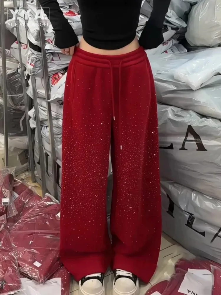 

Модные женские элегантные весенние брюки с бриллиантами, красные, широкие, свободного кроя, с высокой талией, на шнурке, повседневные, дизайнерские, прямые брюки для женщин
