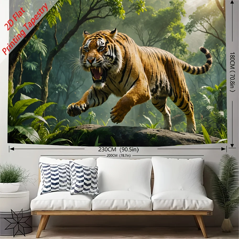 Roaring Tiger Tapestry, Wild Bengal Tiger in Jungle, Powerful Animal Wall Art for Living Room Bedroom Decor