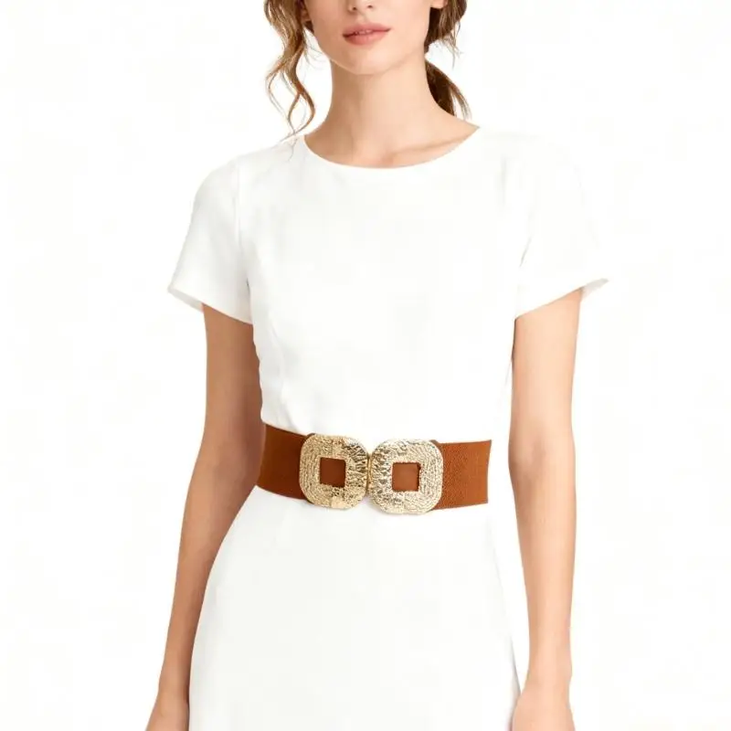 

31BF Women Stretchable Waist Cincher Belt Woven Fabric Corset Belt with Square Buckles
