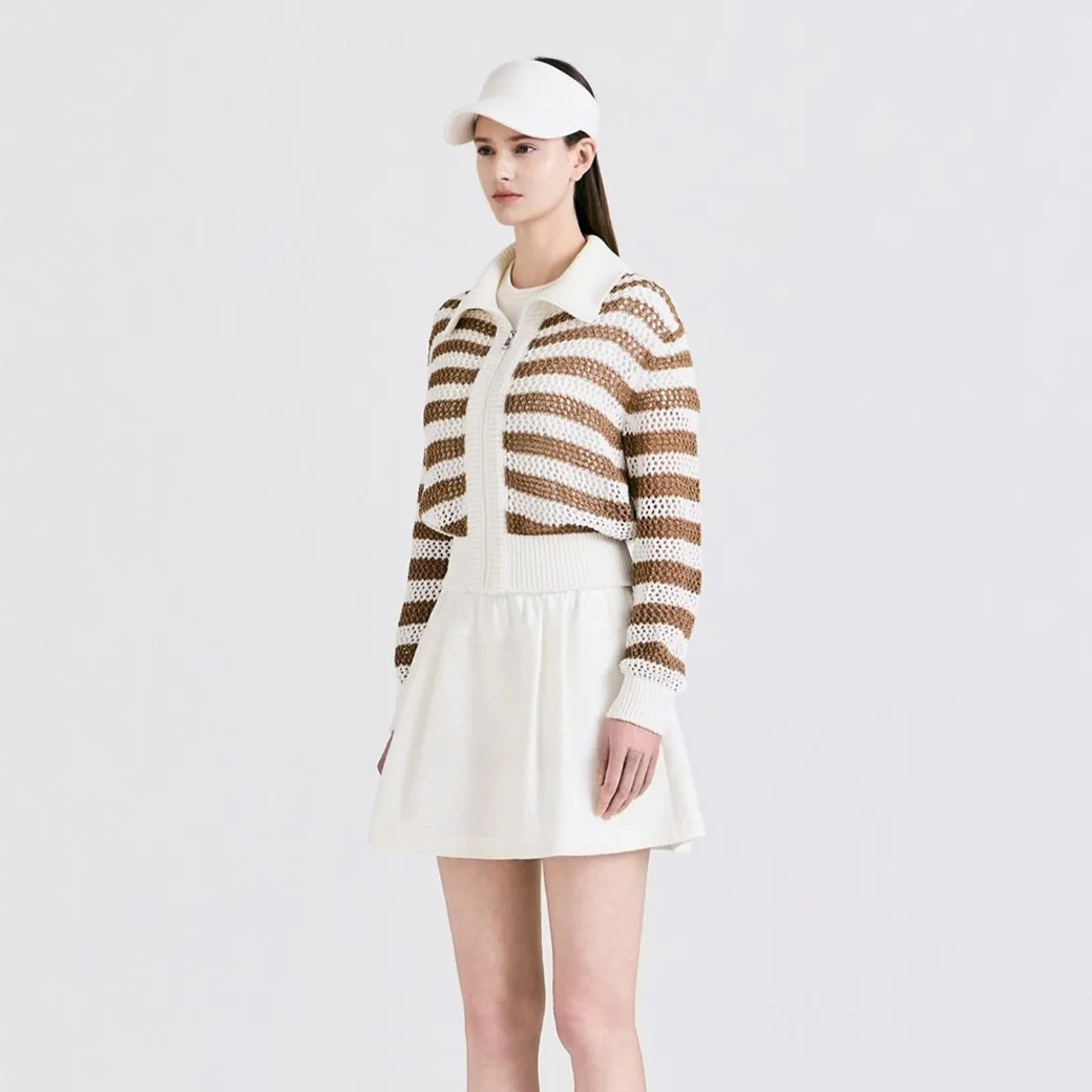 Women's Golf Jacket 2026 Summer New Original Korean Striped Mesh Breathable Collar Sun Protection Knitted Lightweight Polyester