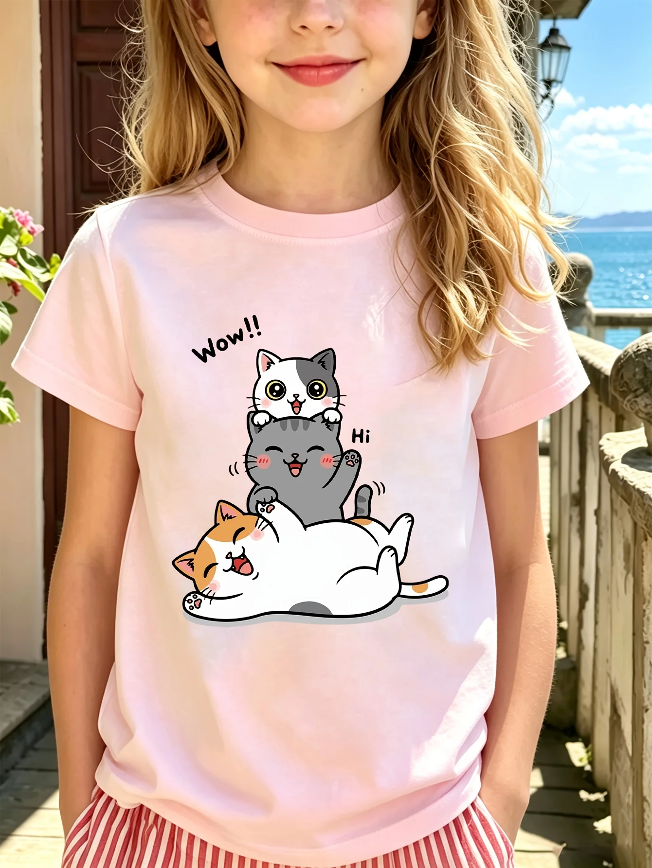 Stacked Cute Kittens Kids Tee Wow Hi Cartoon Cat Graphic Print Boys Girls Family Matching Cotton Short Sleeve Children Tshirt