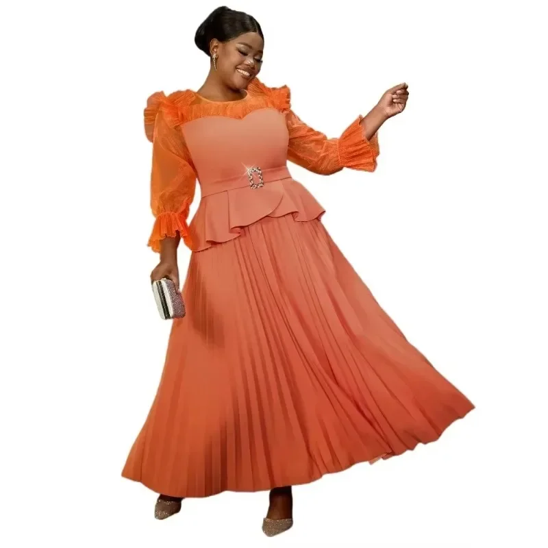 

Customized African Orange Patchwork Ruffle Pleated Chiffon Dress for Spring Summer Party and Church Wedding Elegant Long Sleeve