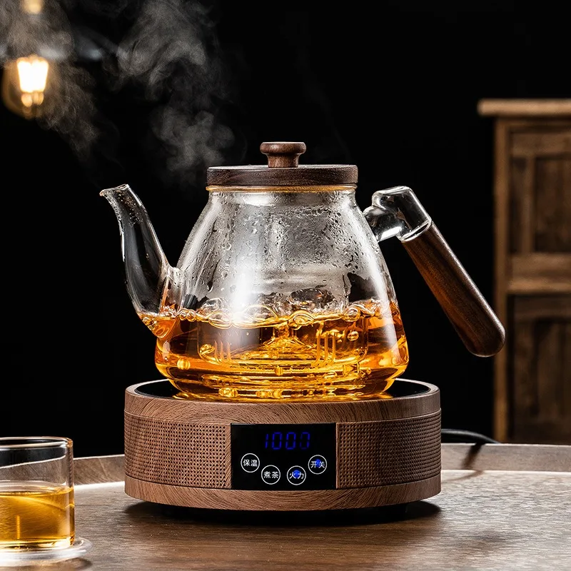 JUSTINLAU Glass Teapot Thickened Heat-resistant Tea maker Steaming and Boiling Dual Purpose Tea Pot with Wood Handle Home Kettle