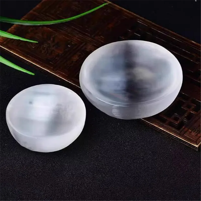 7-8cm Natural Stones Gem Carving Selenite Plate Round Crystal Bowl For Reiki Healing Meditation Decoration