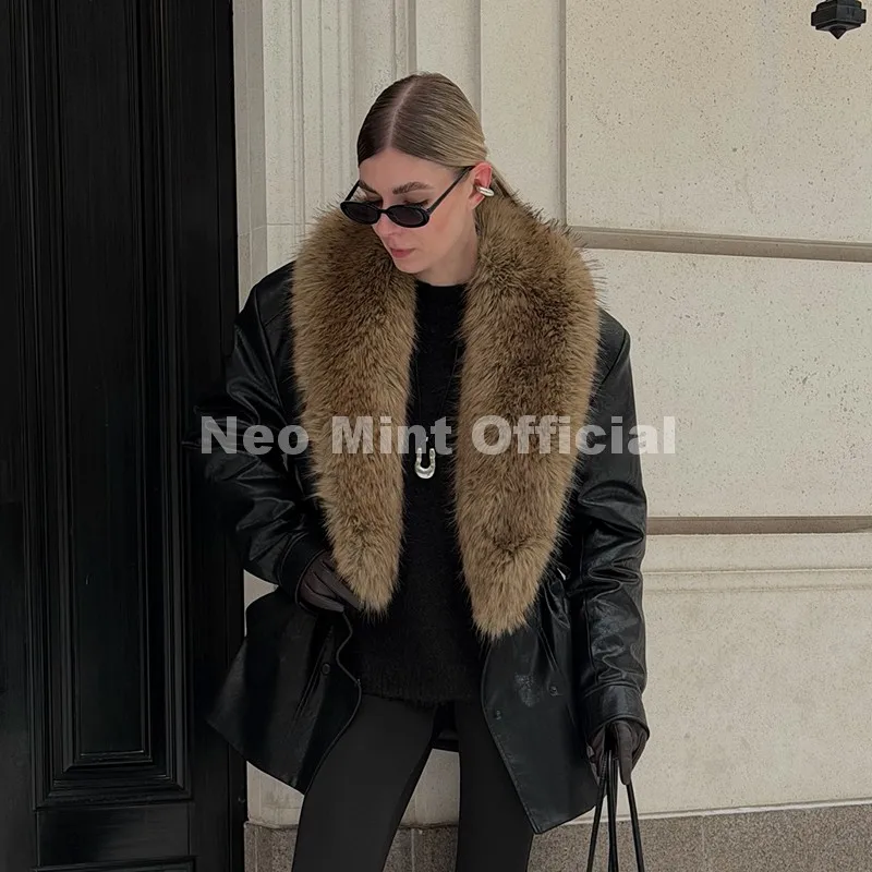 Neo Mint Luxury Brand Fashion Design Black Long Faux Leather Coat Women Detachable Fur Collar Oversized PU Leather Jacket Blazer