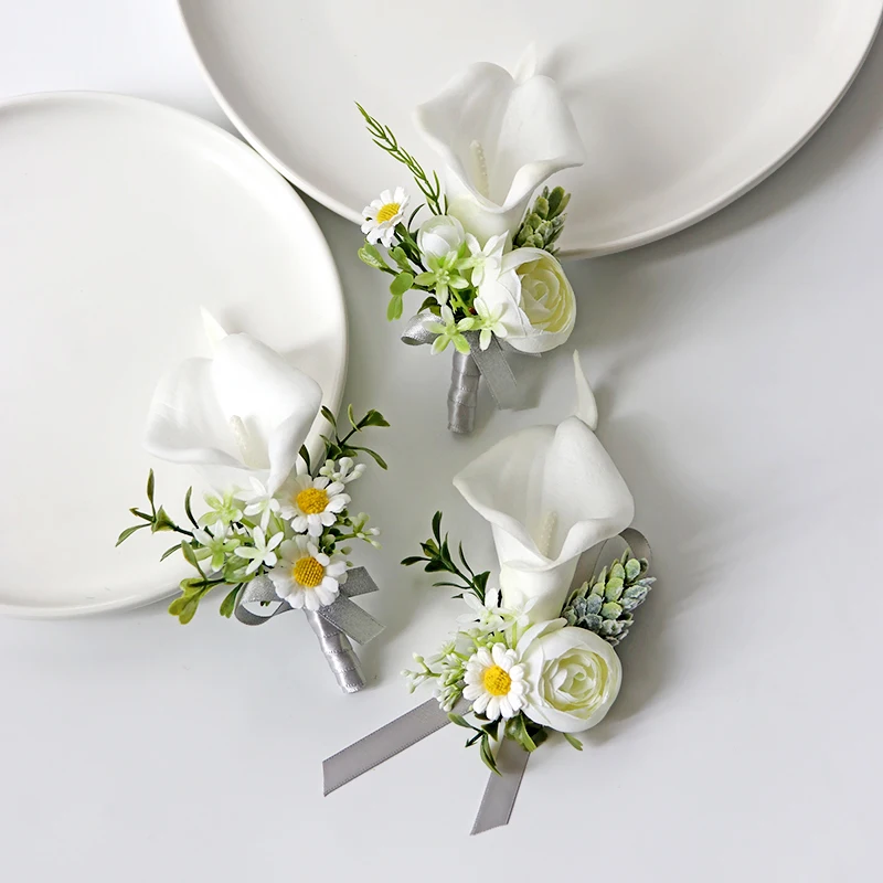 Gt corsages de seda boutonnieres casamento decoração rosa wris flores para convidados branco