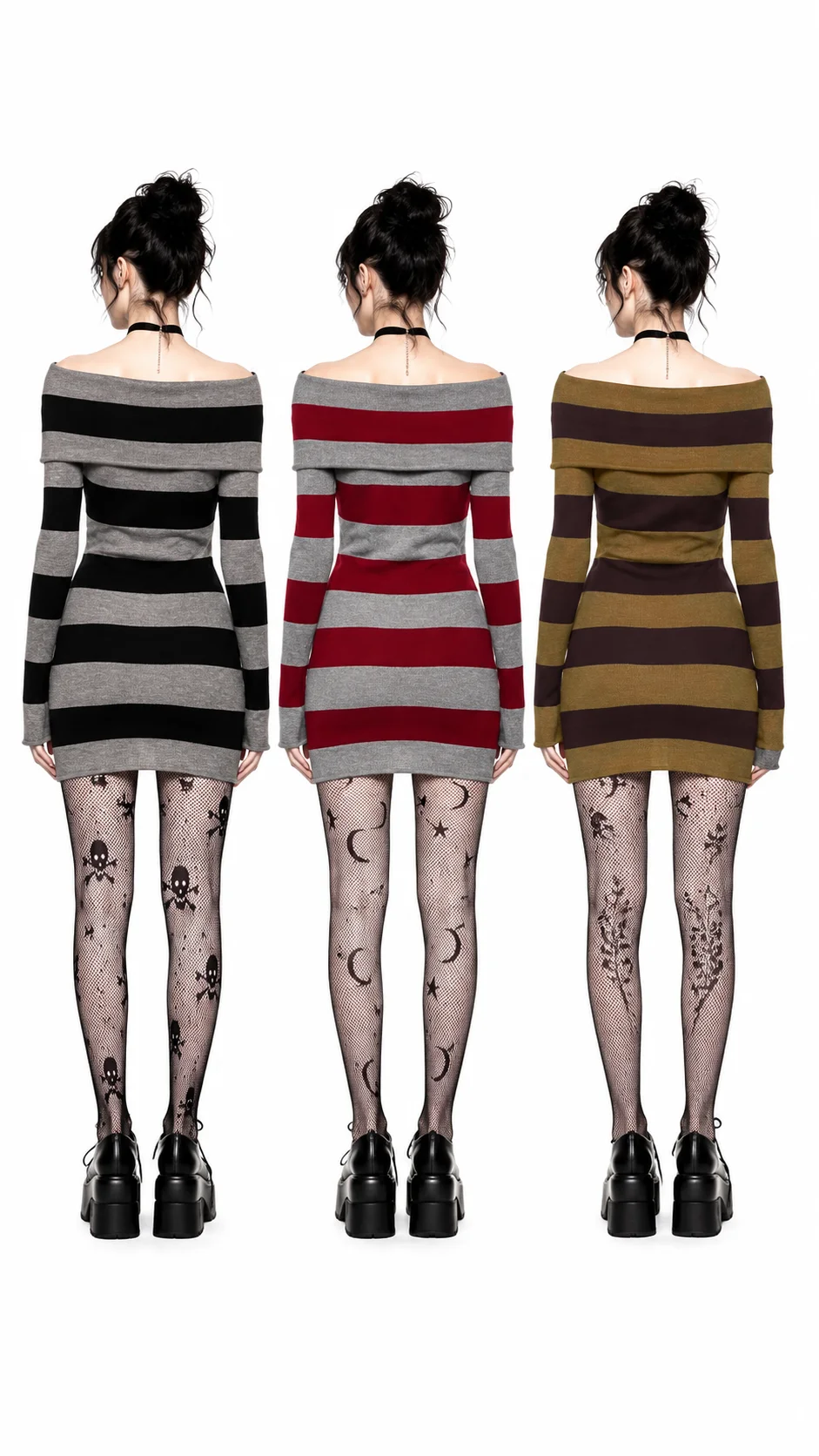 Women Gothic Y2K Off Shoulder Striped Knit Mini Dress, Long Sleeve Bodycon Sweater Dress, Punk Grunge Aesthetic Party Club Outfits image 2